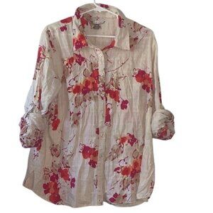 White Stag Womens Floral Print Button-Up Shirt XXL Cotton Lightweight Casual Top